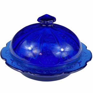 Jeannette Glass Cherry Blossom Cobalt Blue Depression Glass Butter Dish Covered